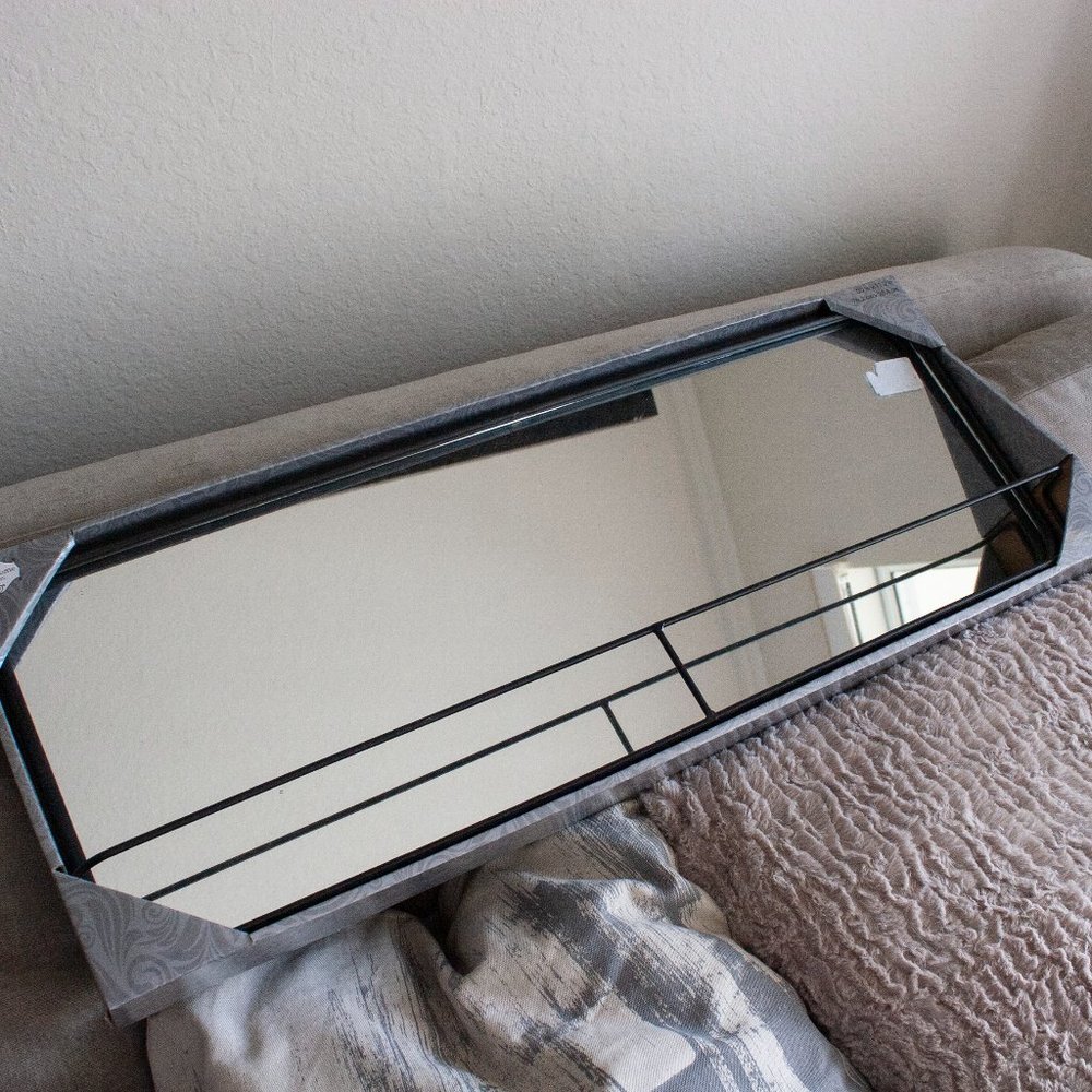 Minimal Black Wire Wall Mirror with Shelf